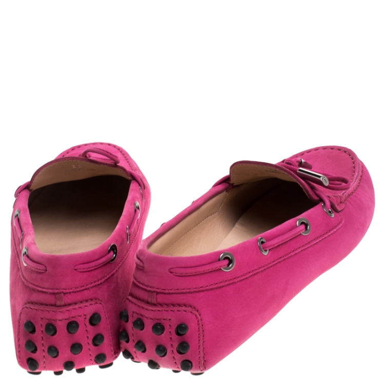 Pre Owned Tod's Pink Suede Leather Gommino Bow Loafers Size 36