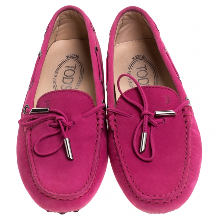 Pre Owned Tod's Pink Suede Leather Gommino Bow Loafers Size 36