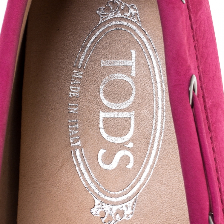 Pre Owned Tod's Pink Suede Leather Gommino Bow Loafers Size 36