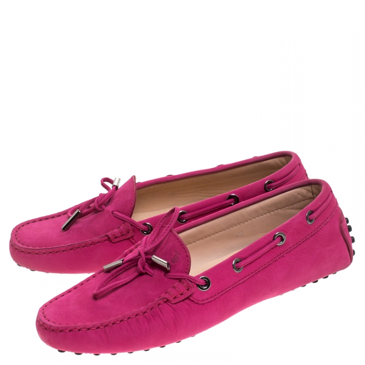 Pre Owned Tod's Pink Suede Leather Gommino Bow Loafers Size 36