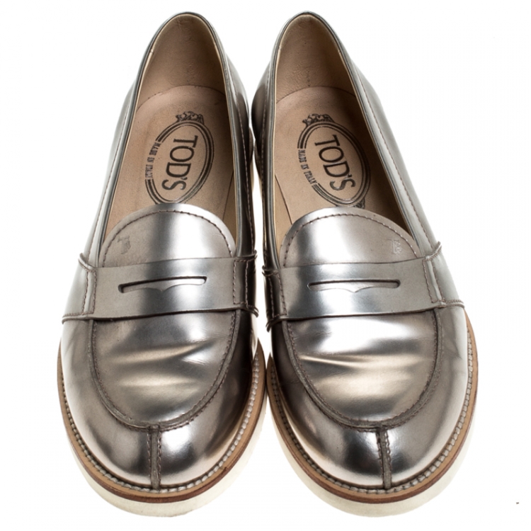 Pre Owned Tod's Metallic Bronze Leather Slip On Loafer Sneakers Size 37