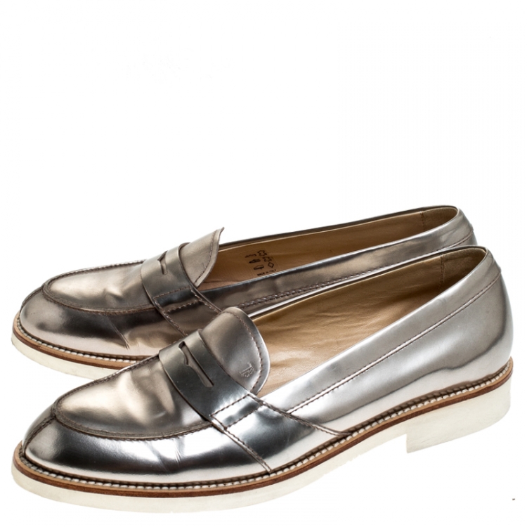 Pre Owned Tod's Metallic Bronze Leather Slip On Loafer Sneakers Size 37