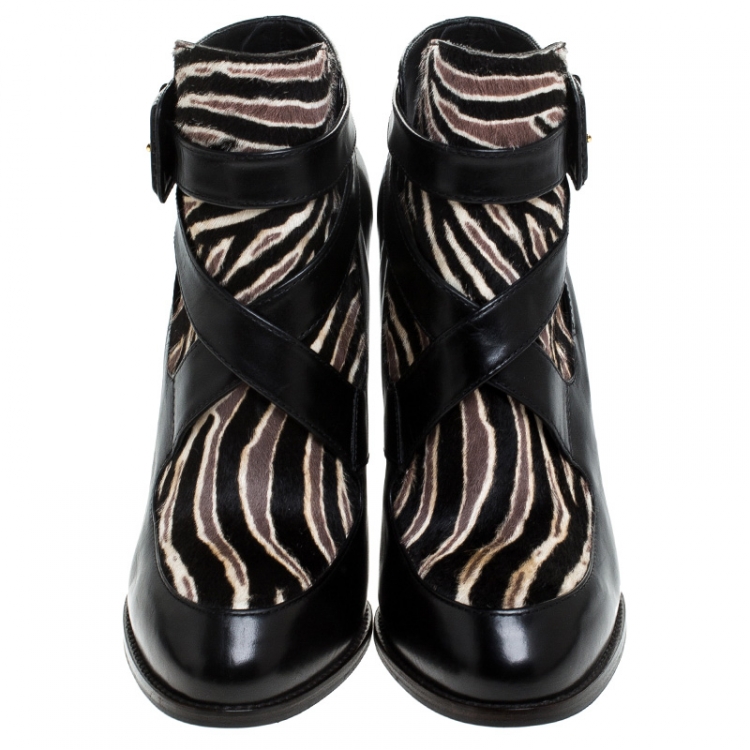 Pre Owned  Tod's Brown Pony Hair And Black Buckle Detail Leather Ankle Boots Size 38.5