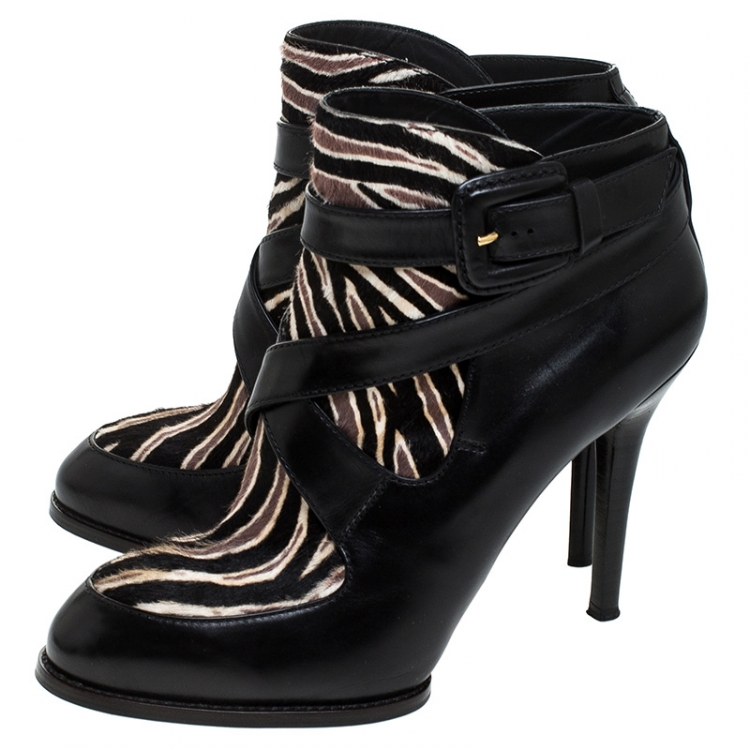 Pre Owned  Tod's Brown Pony Hair And Black Buckle Detail Leather Ankle Boots Size 38.5