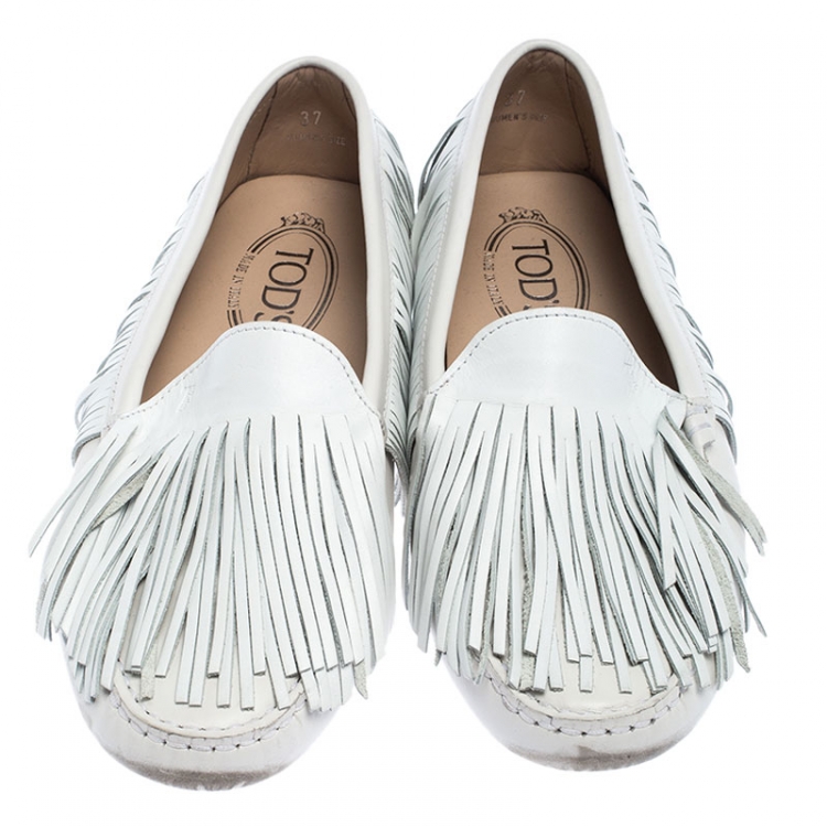 Pre Owned Tod's White Leather Yorky Gommino Fringe Loafers Size 37