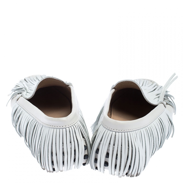 Pre Owned Tod's White Leather Yorky Gommino Fringe Loafers Size 37