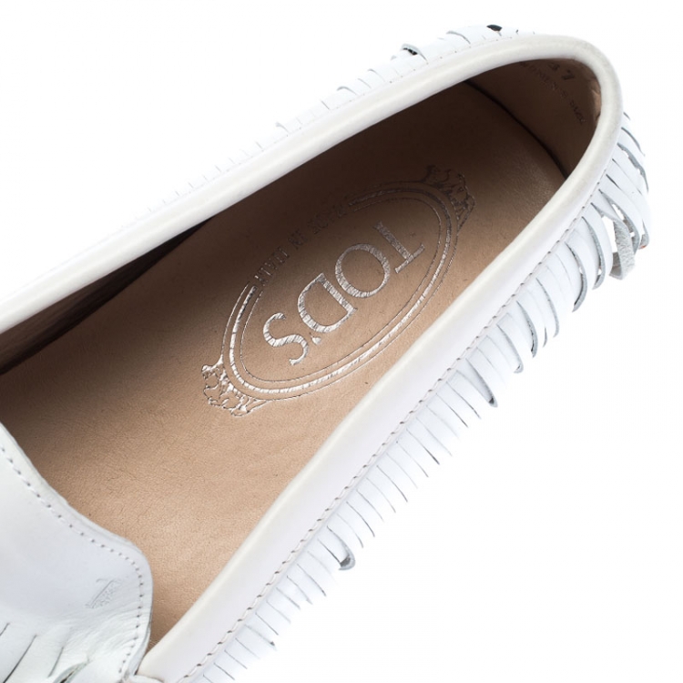 Pre Owned Tod's White Leather Yorky Gommino Fringe Loafers Size 37