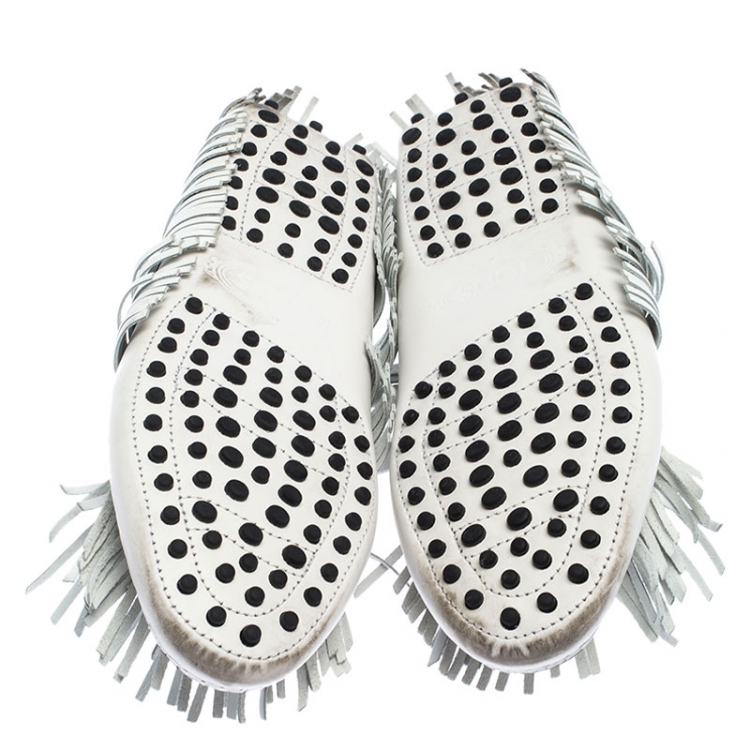 Pre Owned Tod's White Leather Yorky Gommino Fringe Loafers Size 37