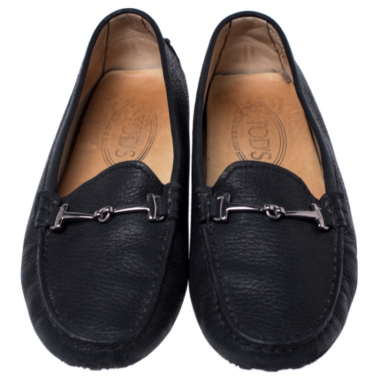 Pre Owned Tod's Black Leather Double T Slip On Loafers Size 35