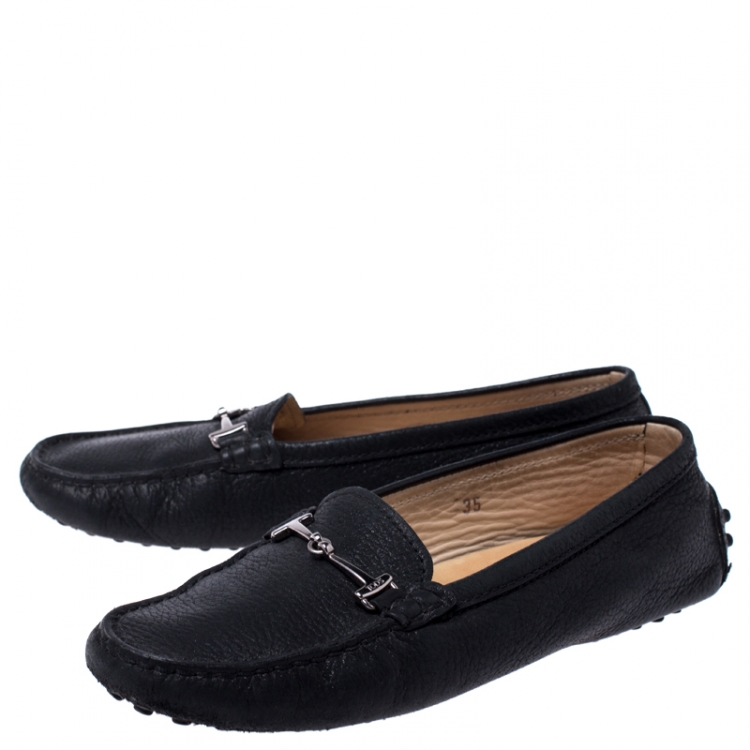 Pre Owned Tod's Black Leather Double T Slip On Loafers Size 35