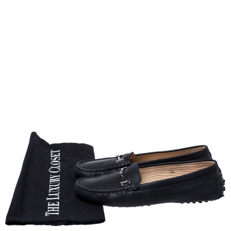 Pre Owned Tod's Black Leather Double T Slip On Loafers Size 35