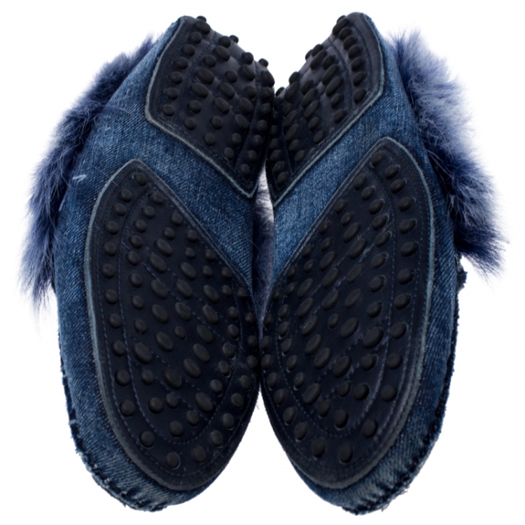 Pre Owned Tod's Blue Denim Fur Lined Double T Slip On Loafers Size 37