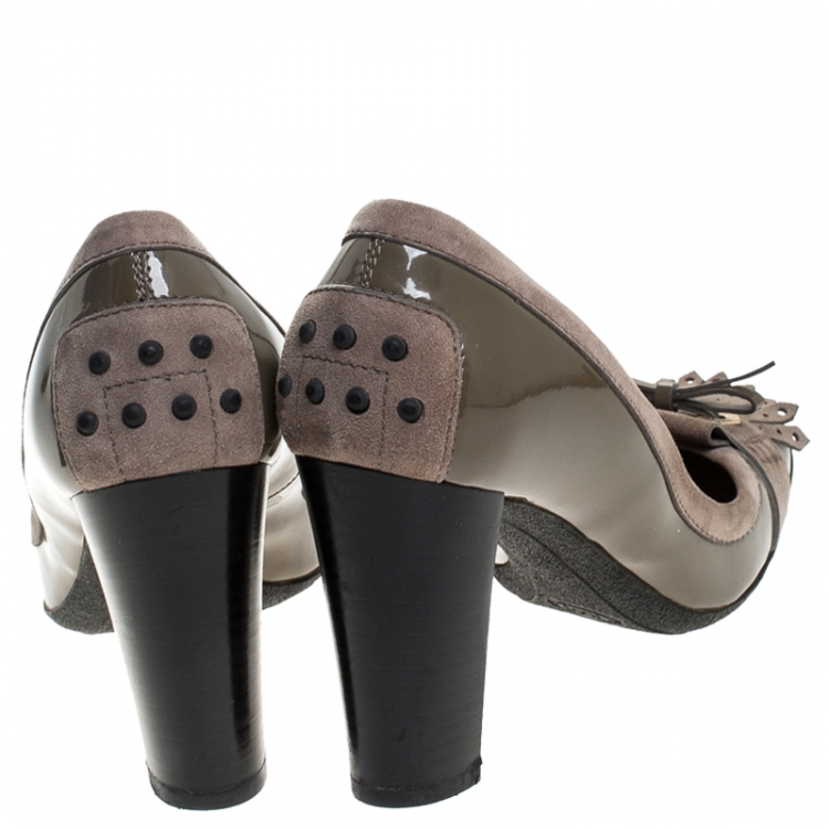 Pre Owned Tod's Brown Suede And Patent Leather Bow Fringe Loafer Pumps Size 38 