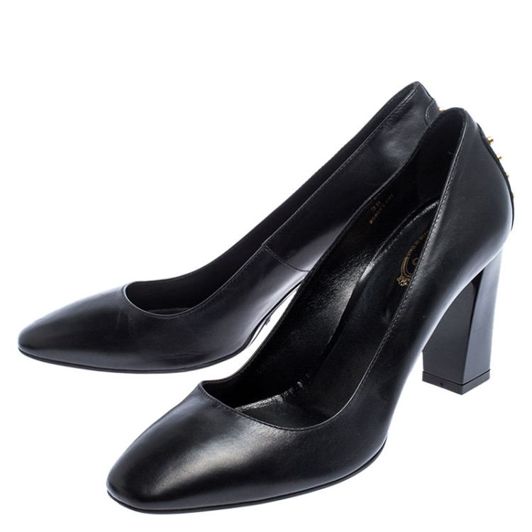 Pre Owned Tod's Black Leather Studded Block Heel Pumps Size 38