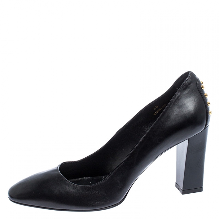 Pre Owned Tod's Black Leather Studded Block Heel Pumps Size 38