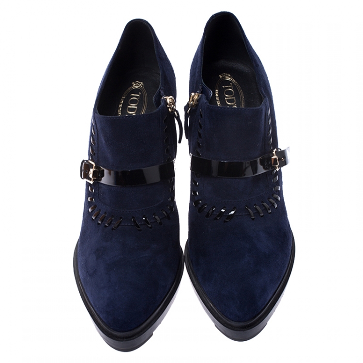Pre Owned Tod's Navy Blue/Black Suede Whipstitch Detail Ankle Booties Size 40.5