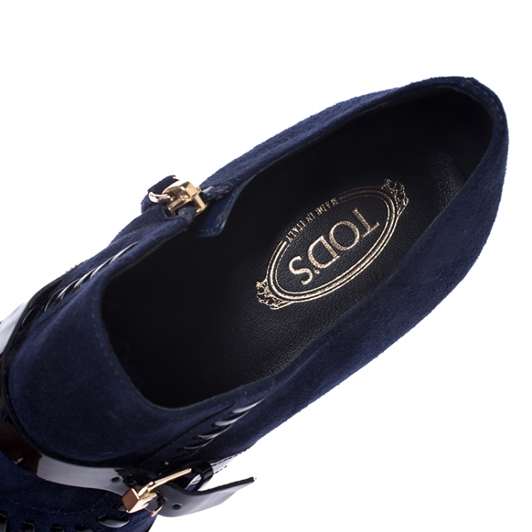 Pre Owned Tod's Navy Blue/Black Suede Whipstitch Detail Ankle Booties Size 40.5
