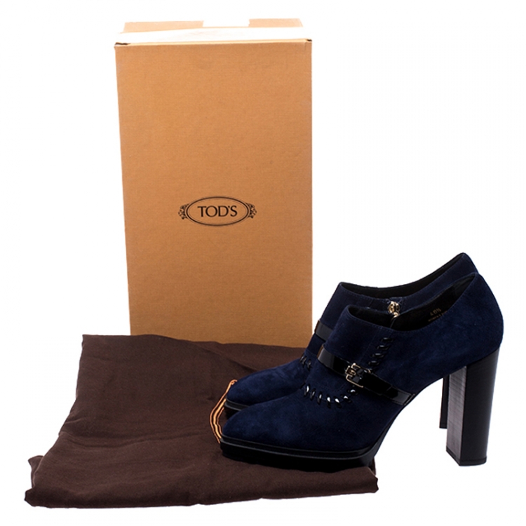 Pre Owned Tod's Navy Blue/Black Suede Whipstitch Detail Ankle Booties Size 40.5