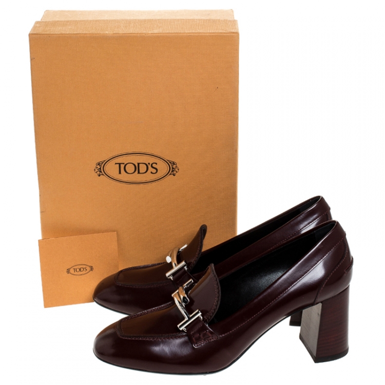 Pre Owned Tod's Maroon Leather Double T Court Loafer Pumps Size 39.5