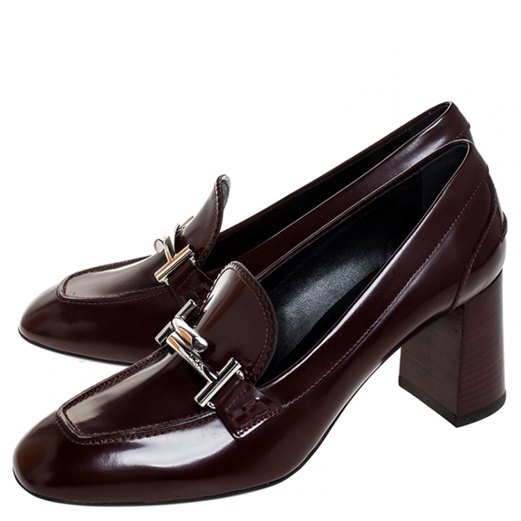 Pre Owned Tod's Maroon Leather Double T Court Loafer Pumps Size 39.5