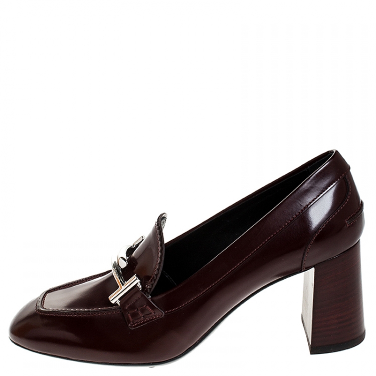 Pre Owned Tod's Maroon Leather Double T Court Loafer Pumps Size 39.5