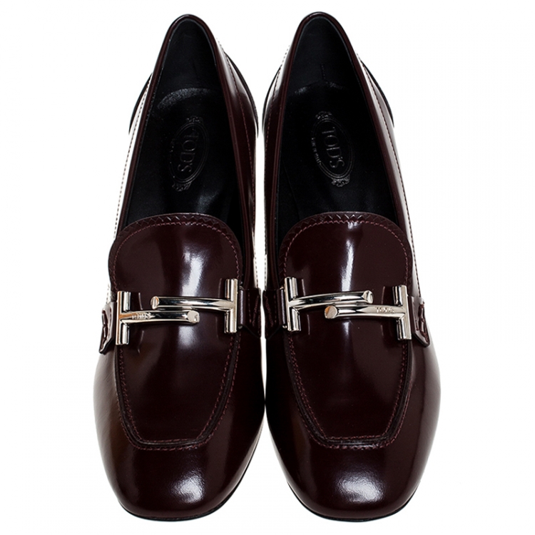 Pre Owned Tod's Maroon Leather Double T Court Loafer Pumps Size 39.5