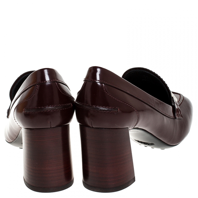 Pre Owned Tod's Maroon Leather Double T Court Loafer Pumps Size 39.5