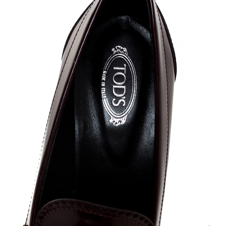 Pre Owned Tod's Maroon Leather Double T Court Loafer Pumps Size 39.5