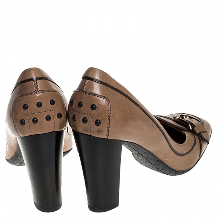 Pre Owned Tod's Tan Leather Buckled Loafer Pumps Size 38.5
