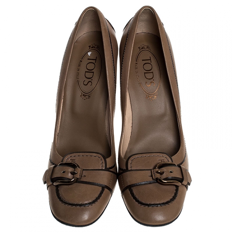 Pre Owned Tod's Tan Leather Buckled Loafer Pumps Size 38.5