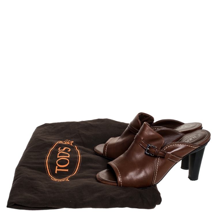 Pre Owned Tod's Brown Leather Open Toe Buckle Detail Mule Sandals Size 39