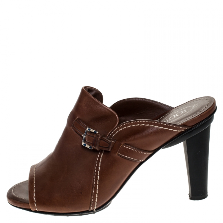 Pre Owned Tod's Brown Leather Open Toe Buckle Detail Mule Sandals Size 39