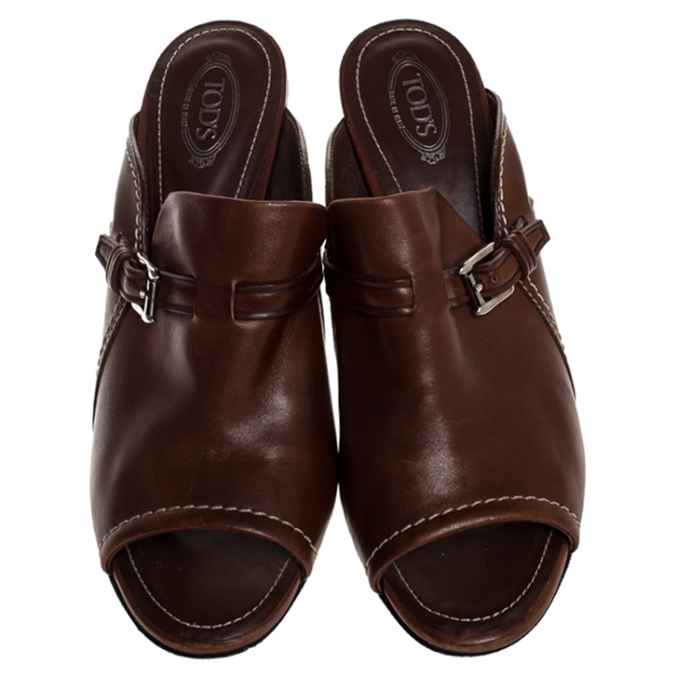 Pre Owned Tod's Brown Leather Open Toe Buckle Detail Mule Sandals Size 39