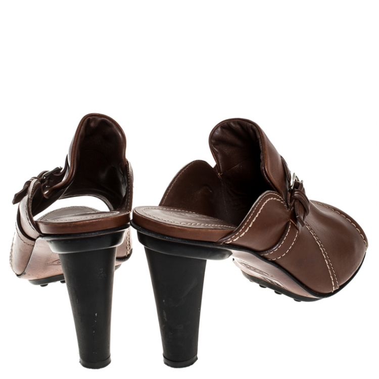 Pre Owned Tod's Brown Leather Open Toe Buckle Detail Mule Sandals Size 39