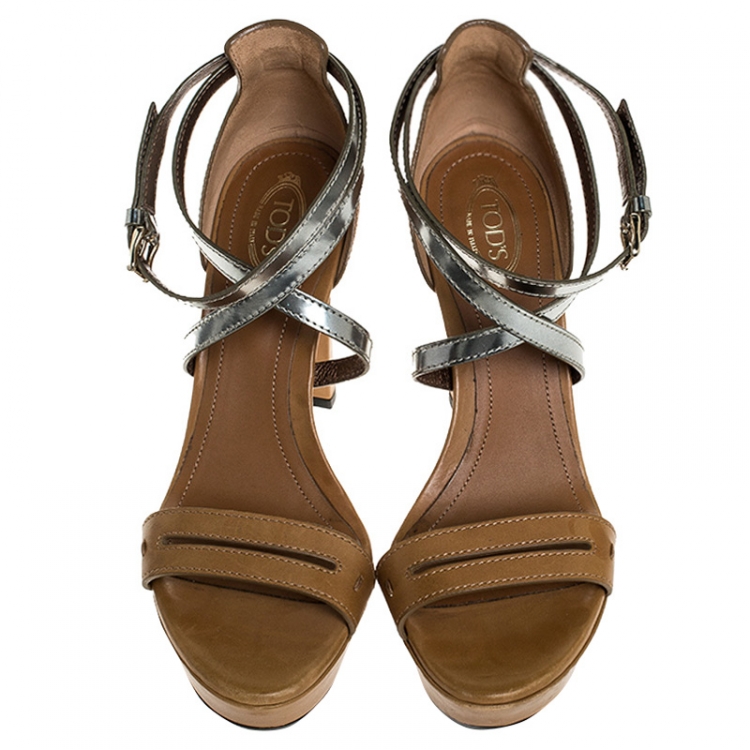 Pre Owned Tod's Tan/Metallic Grey Leather Ankle Strap Platform Sandals Size 38