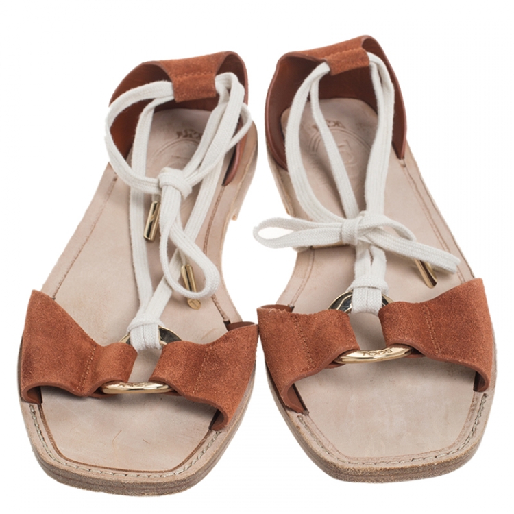 Pre Owned Tod's Brown Suede Ankle Wrap Flat Sandals Size 37.5