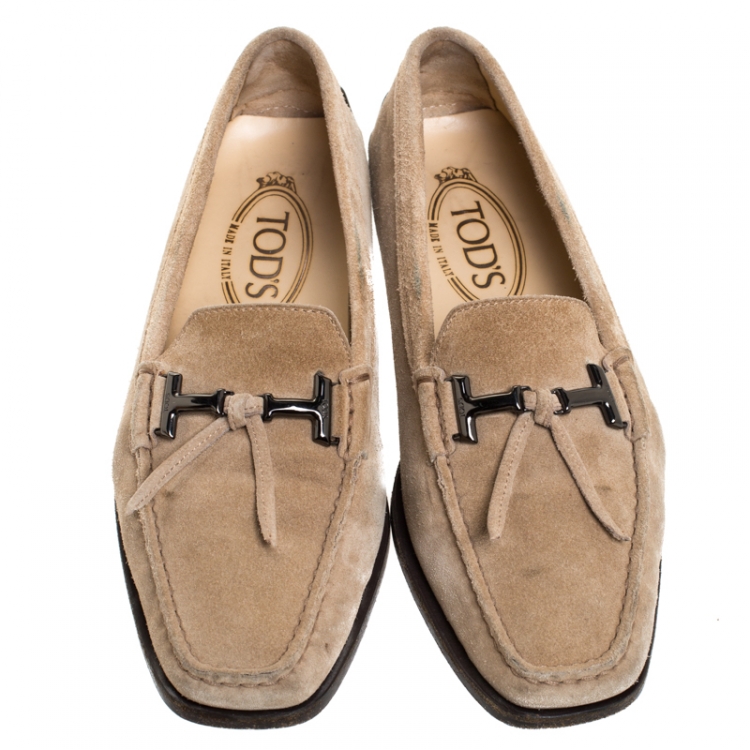 Pre Owned Tod's Beige Suede Gommini Slip On Loafers Size 36.5