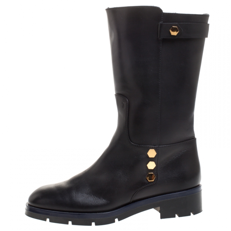 Pre Owned Tod's Black Leather Flat Mate Mid Calf Boots Size 37.5