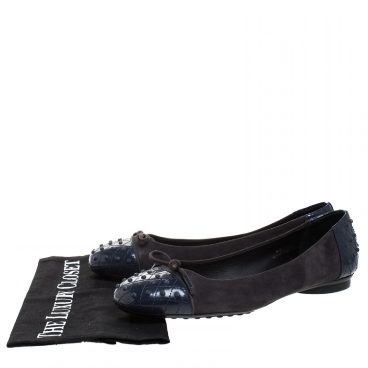 Pre Owned Tod's Blue Leather And Grey Suede Dew Gommini Ballerina Flats Size 40