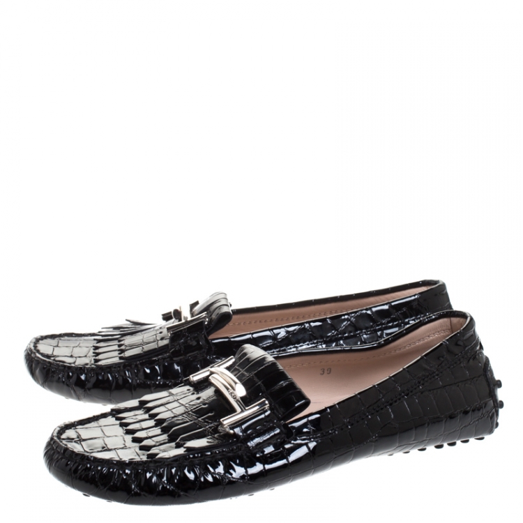 Pre Owned Tod's Black Crocodile Embossed Patent Leather Gommino Fringe Double T Slip On Loafers Size 39