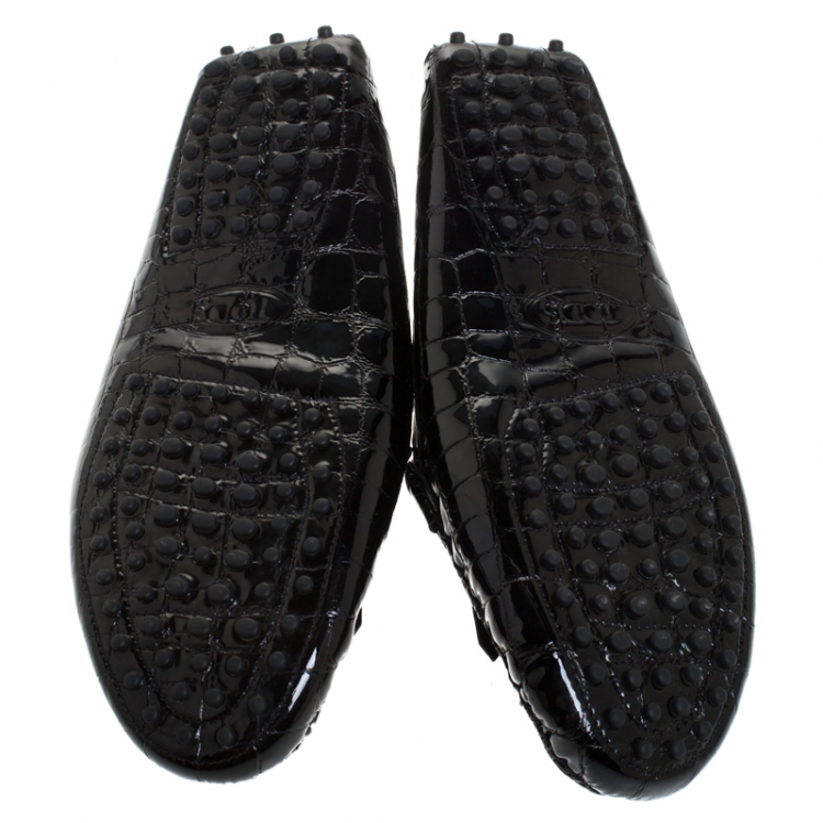 Pre Owned Tod's Black Crocodile Embossed Patent Leather Gommino Fringe Double T Slip On Loafers Size 39