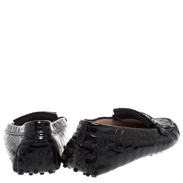 Pre Owned Tod's Black Crocodile Embossed Patent Leather Gommino Fringe Double T Slip On Loafers Size 39
