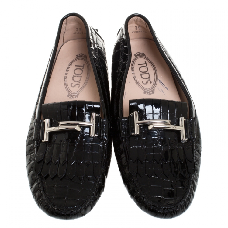 Pre Owned Tod's Black Crocodile Embossed Patent Leather Gommino Fringe Double T Slip On Loafers Size 39
