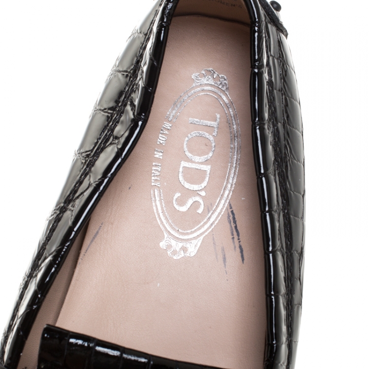Pre Owned Tod's Black Crocodile Embossed Patent Leather Gommino Fringe Double T Slip On Loafers Size 39