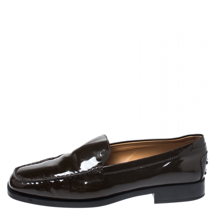 Pre Owned Tod's Dark Brown Patent Leather Slip On Loafer Sneakers Size 39.5