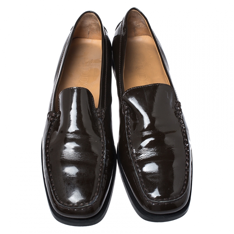 Pre Owned Tod's Dark Brown Patent Leather Slip On Loafer Sneakers Size 39.5
