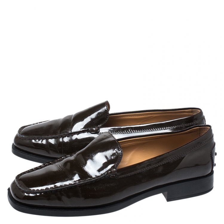 Pre Owned Tod's Dark Brown Patent Leather Slip On Loafer Sneakers Size 39.5