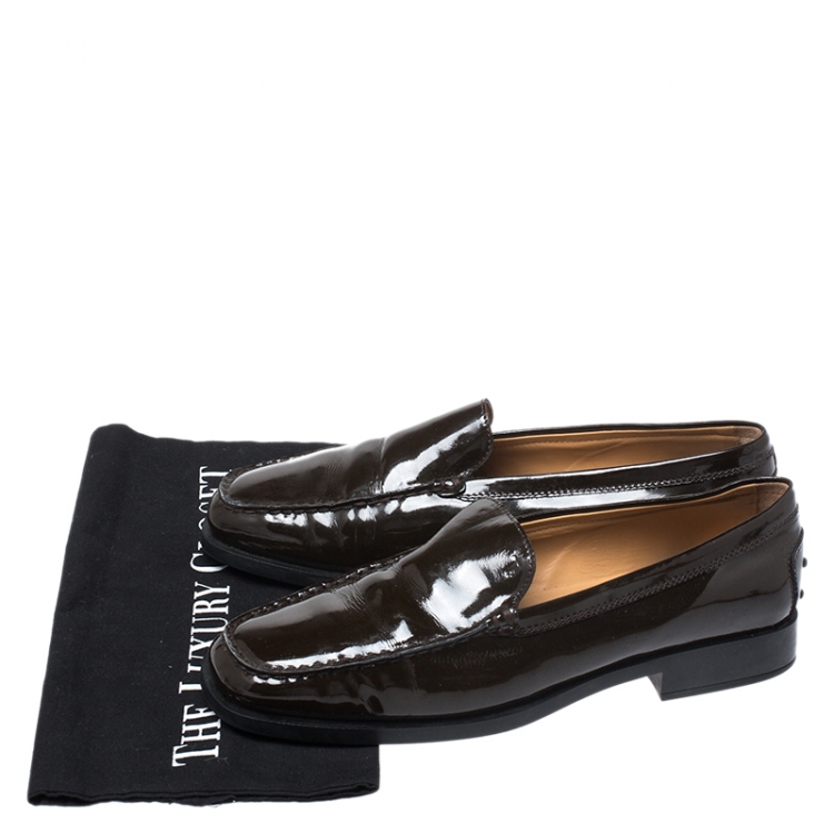 Pre Owned Tod's Dark Brown Patent Leather Slip On Loafer Sneakers Size 39.5