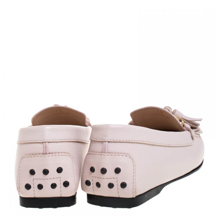 Pre Owned Tod's Pink Leather Double T Chain, Tassel And Fringe Detail Loafers Size 40