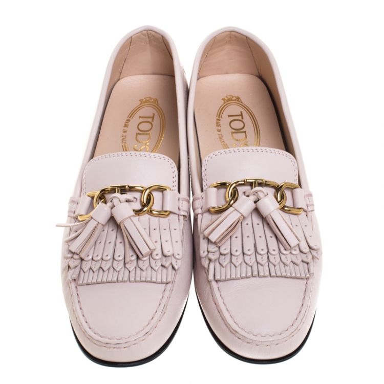 Pre Owned Tod's Pink Leather Double T Chain, Tassel And Fringe Detail Loafers Size 40